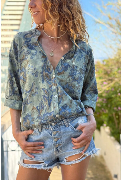 İtalyan Haki Hakim Yaka Çiçekli Pamuklu Salaş Dokuma Gömlek 75 55