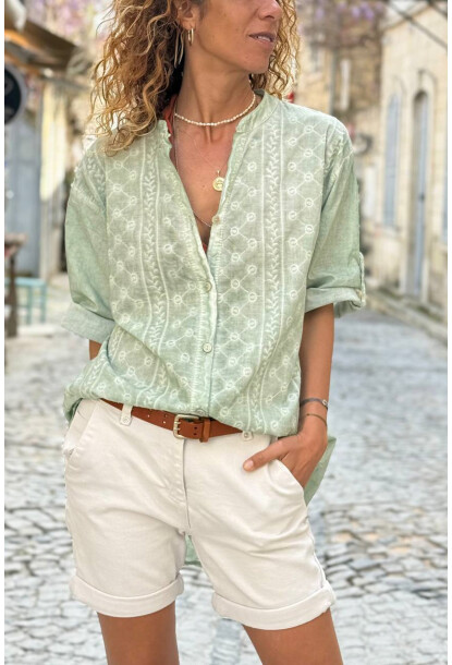 İtalyan Haki Hakim Yaka Etnik Desenli Yıkamalı Pamuklu Salaş Dokuma Gömlek 75 55