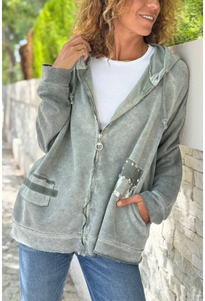 İtalyan Haki Kapüşonlu Fermuarlı Yıkamalı Varak Baskılı Süet Salaş Sweatshirt 65 55