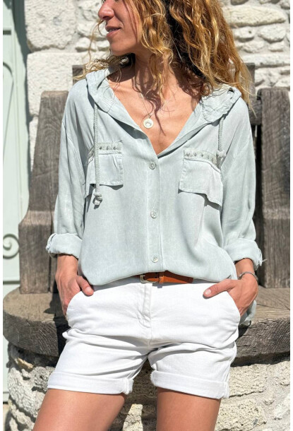 İtalyan Haki Kapüşonlu Yıkamalı Zımbalı Cepli Pamuklu Salaş Dokuma Gömlek 75 55