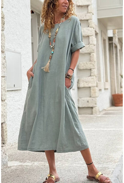 İtalyan Haki Kayık Yaka Kısa Kol Cepli Keten Uzun Salaş Dokuma Elbise 118 63