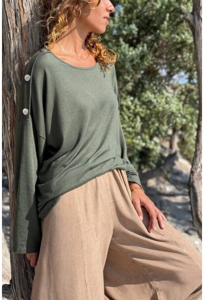 İtalyan Haki Kayık Yaka Yumuşak Dokulu Omzu Düğmeli Yün Karışımlı Salaş Kazak 70 60