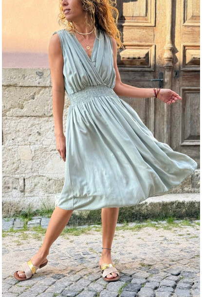 İtalyan Haki Kruvaze Yaka Omzu Büzgülü Yumuşak Dokulu Lastikli Bel Dokuma Elbise 110 35