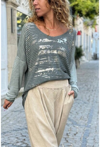 İtalyan Haki V Yaka Dokulu Varak Baskılı Modal Salaş Kazak 70 50