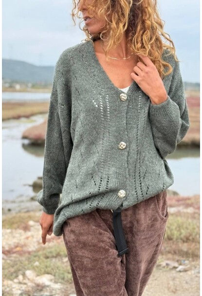 İtalyan Haki V Yaka Düğmeli Yıkamalı Ajurlu Yumuşak Dokulu Yün Salaş Hırka 70 50