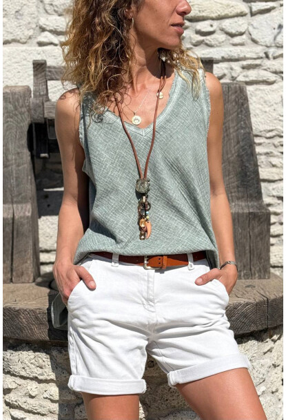 İtalyan Haki V Yaka Yıkamalı Pis Dikişli Pamuklu Salaş Dokuma Bluz 70 50