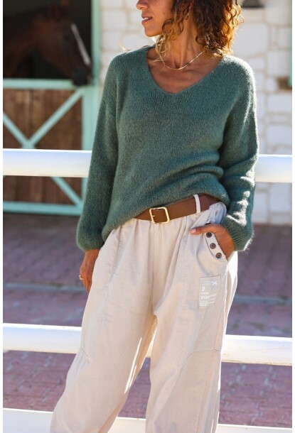 İtalyan Haki V Yaka Yumuşak Dokulu Alpaka Salaş Kazak 60 55