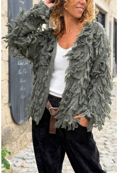 İtalyan Haki Yıkamalı Püsküllü Yumuşak Dokulu Yün Salaş Hırka 65 50