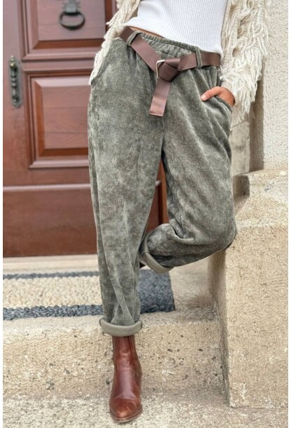 İtalyan Haki Yıkamalı Yumuşak Dokulu Kuşaklı Kadife Salaş Pantolon 90 35