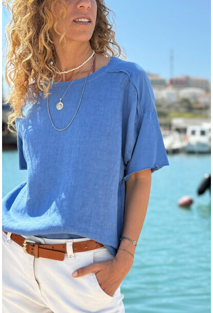 İtalyan İndigo Bisiklet Yaka Yıkamalı Örme Garnili Keten Karışımlı Salaş Dokuma Bluz 65 50