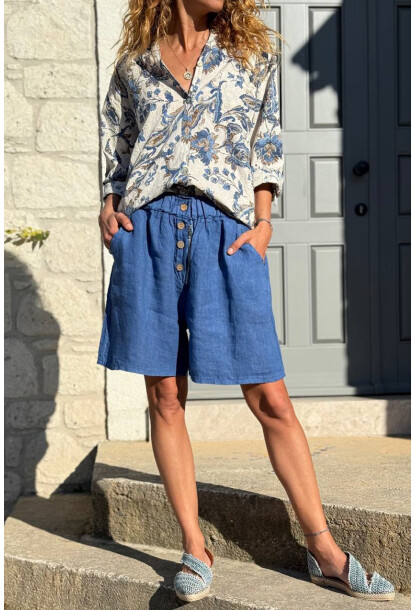 İtalyan İndigo Cepli Fermuarlı Lastikli Bel Keten Salaş Dokuma Şort 45 35