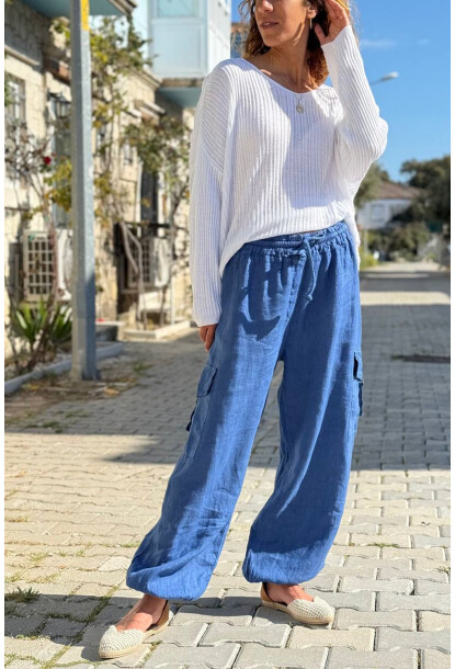 İtalyan İndigo Cepli Yanları Cepli Lastikli Paça Keten Salaş Dokuma Pantolon 100 35