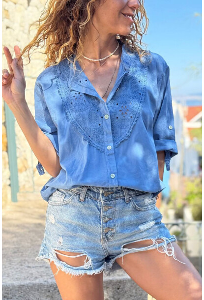 İtalyan İndigo Hakim Yaka Brodeli Pamuklu Salaş Dokuma Gömlek 70 55