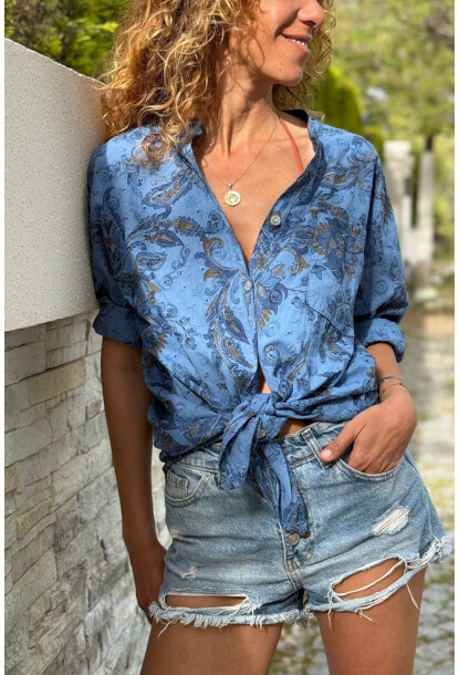 İtalyan İndigo Hakim Yaka Çiçekli Pamuklu Salaş Dokuma Gömlek 75 55