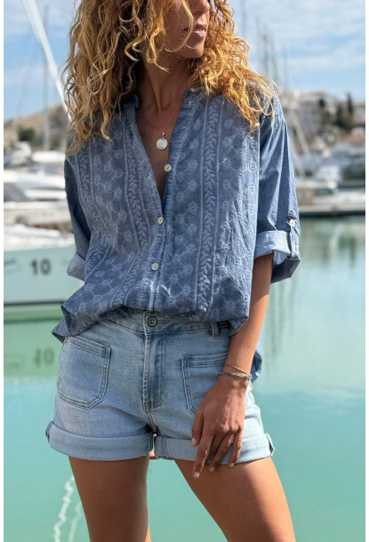 İtalyan İndigo Hakim Yaka Etnik Desenli Yıkamalı Pamuklu Salaş Dokuma Gömlek 75 55