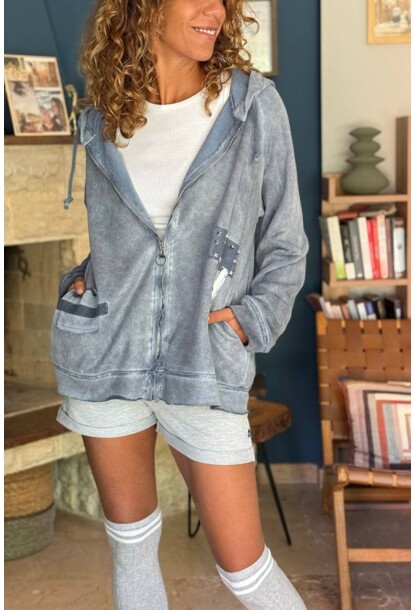 İtalyan İndigo Kapüşonlu Fermuarlı Yıkamalı Varak Baskılı Süet Salaş Sweatshirt 65 55