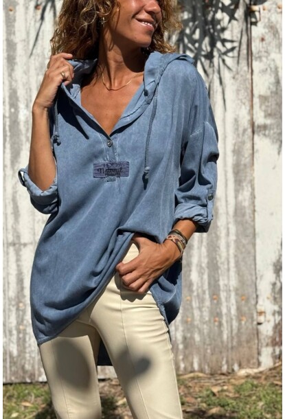 İtalyan İndigo Kapüşonlu Yıkamalı Modal Salaş Bluz 80 55