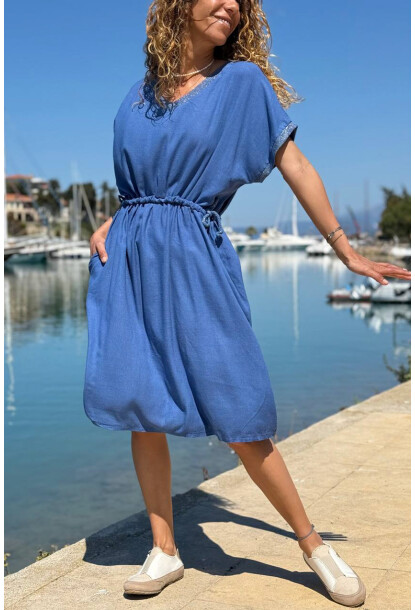 İtalyan İndigo V Yaka Cepli Sim Garnili Lastikli Bel Salaş Dokuma Elbise 100 50