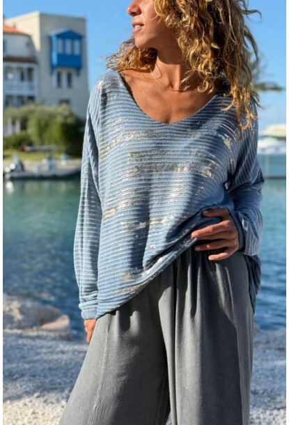 İtalyan İndigo V Yaka Dokulu Varak Baskılı Modal Salaş Kazak 70 50