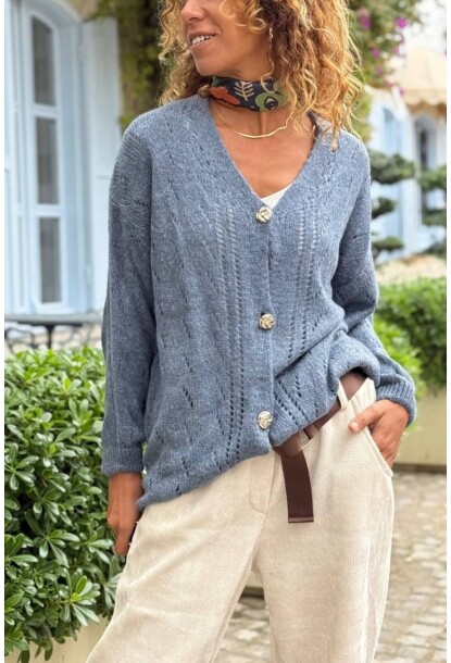 İtalyan İndigo V Yaka Düğmeli Yıkamalı Ajurlu Yumuşak Dokulu Yün Salaş Hırka 70 50