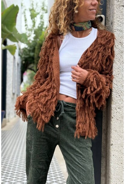 İtalyan Kahverengi Yıkamalı Püsküllü Yumuşak Dokulu Yün Salaş Hırka 65 50