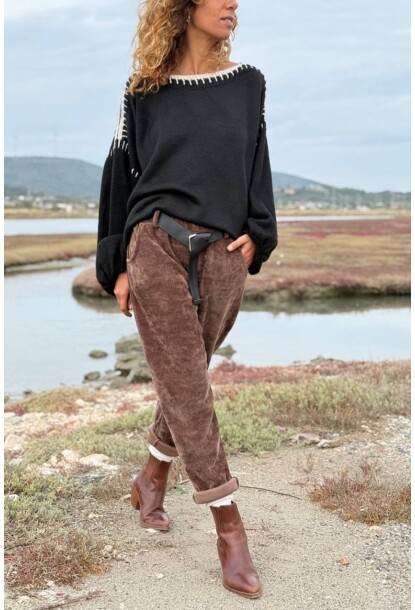 İtalyan Kahverengi Yıkamalı Yumuşak Dokulu Kuşaklı Kadife Salaş Pantolon 90 35