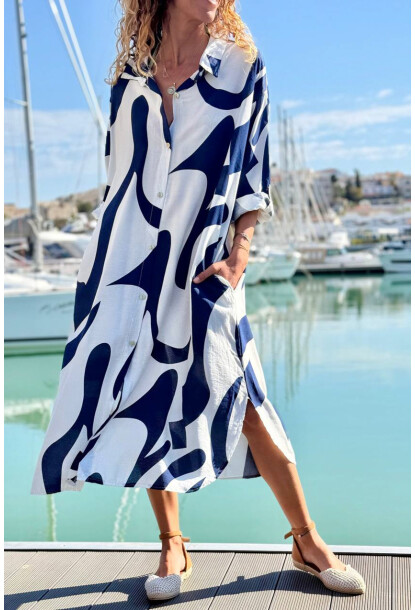 İtalyan Lacivert-Beyaz Geometrik Desenli Cepli Pamuklu Salaş Dokuma Gömlek Elbise 110 60