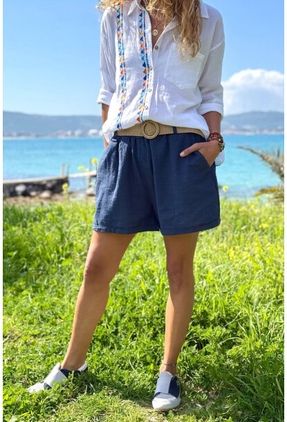 İtalyan Lacivert Cepli Kemerli Keten Duble Paça Dokuma Şort 38 58