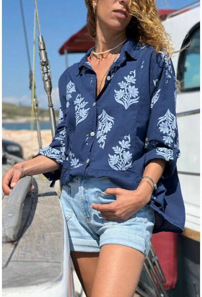 İtalyan Lacivert Etnik Desenli Cepli Eteği Pliseli Pamuklu Salaş Dokuma Gömlek 70 55