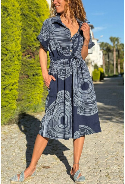 İtalyan Lacivert Gömlek Yaka Geometrik Desenli Cepli Lastikli Bel Keten Salaş Dokuma Elbise 110 60