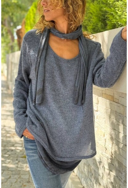 İtalyan Lacivert Kayık Yaka Çift Katlı Atkılı Yün Karışımlı Salaş Kazak 75 55