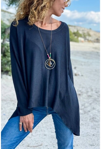 İtalyan Lacivert Kayık Yaka Dokulu Yumuşak Dokulu Asimetrik Yün Karışımlı Salaş Kazak 70 55