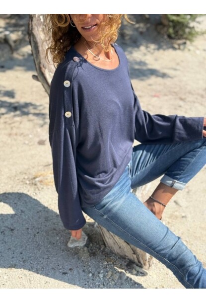 İtalyan Lacivert Kayık Yaka Yumuşak Dokulu Omzu Düğmeli Yün Karışımlı Salaş Kazak 70 60