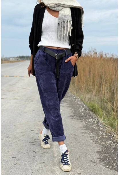 İtalyan Lacivert Yıkamalı Yumuşak Dokulu Kuşaklı Kadife Salaş Pantolon 90 35