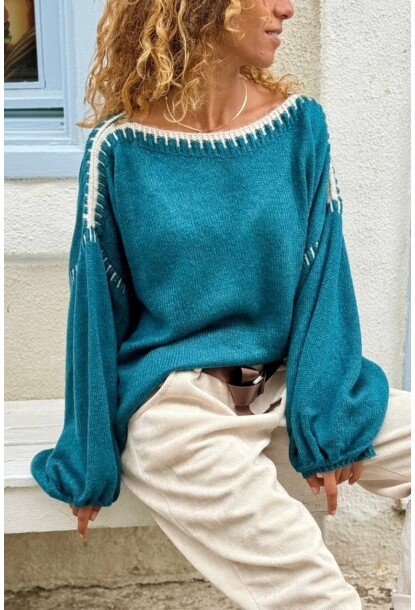 İtalyan Petrol Mavisi Kayık Yaka Balon Kol Yıkamalı Nakışlı Yumuşak Dokulu Yün Salaş Kazak 70 60