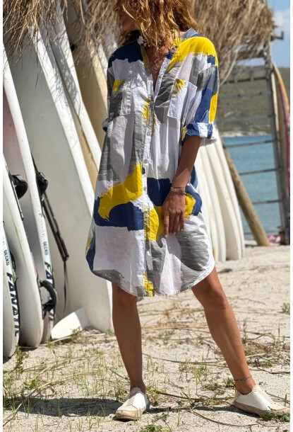 İtalyan Sarı-Mavi-Beyaz Hakim Yaka Geometrik Desenli Pamuklu Salaş Dokuma Gömlek Elbise 100 55