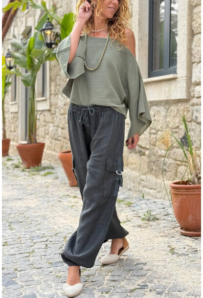 İtalyan Siyah Cepli Yanları Cepli Lastikli Paça Keten Salaş Dokuma Pantolon 100 35