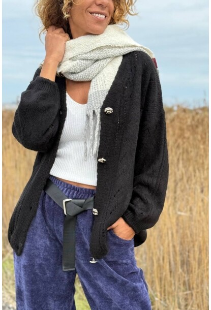 İtalyan Siyah V Yaka Düğmeli Yıkamalı Ajurlu Yumuşak Dokulu Yün Salaş Hırka 70 50