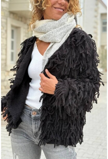 İtalyan Siyah Yıkamalı Püsküllü Yumuşak Dokulu Yün Salaş Hırka 65 50