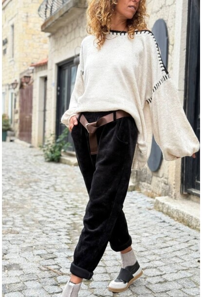 İtalyan Siyah Yıkamalı Yumuşak Dokulu Kuşaklı Kadife Salaş Pantolon 90 35