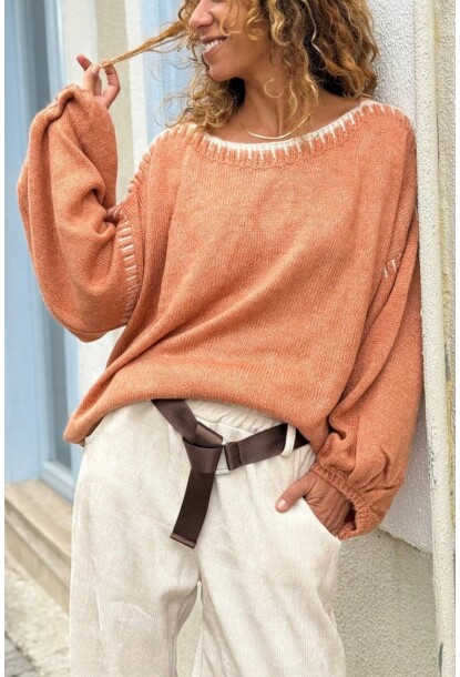 İtalyan Somon Rengi Kayık Yaka Balon Kol Yıkamalı Nakışlı Yumuşak Dokulu Yün Salaş Kazak 70 60