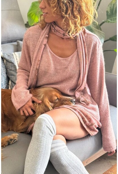 İtalyan Somon Rengi Kayık Yaka Çift Katlı Atkılı Yün Karışımlı Salaş Kazak 75 55