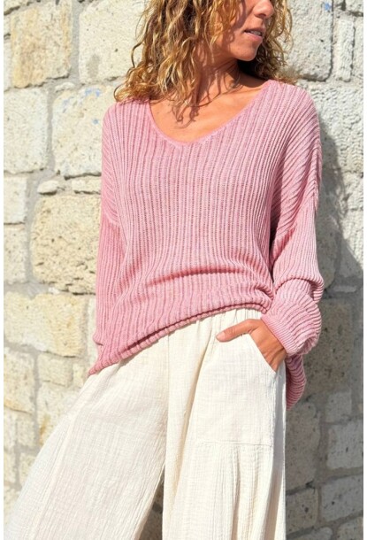 İtalyan Somon Rengi V Yaka Yumuşak Dokulu Modal Salaş Kazak 70 55