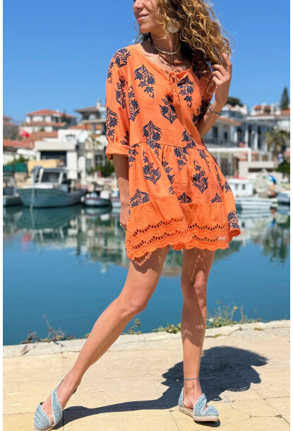 İtalyan Turuncu Bağlamalı Yaka Etnik Desenli Eteği Fırfırlı Pamuklu Salaş Dokuma Elbise 80 55