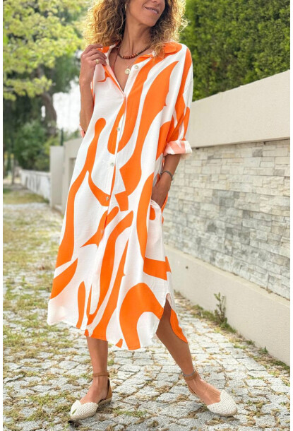 İtalyan Turuncu-Beyaz Geometrik Desenli Cepli Pamuklu Salaş Dokuma Gömlek Elbise 110 60