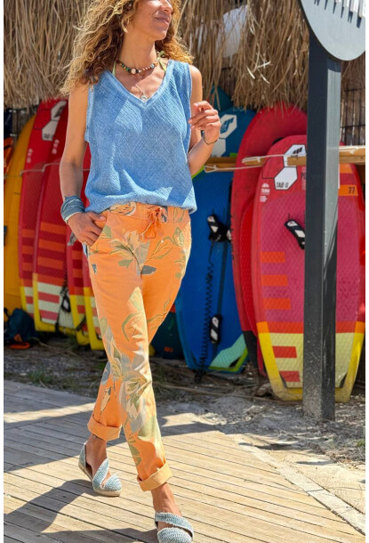 İtalyan Turuncu Çiçekli Lastikli Bel Duble Paça Pamuklu Dokuma Pantolon 100 35