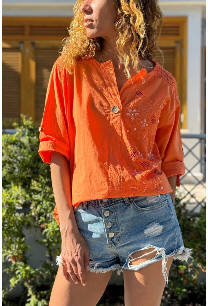 İtalyan Turuncu Düğmeli Yaka Yıkamalı Omzu Fileli Pul Payet Aplikeli Salaş Dokuma Bluz 70 55