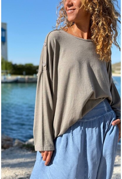 İtalyan Vizon Kayık Yaka Yumuşak Dokulu Omzu Düğmeli Yün Karışımlı Salaş Kazak 70 60