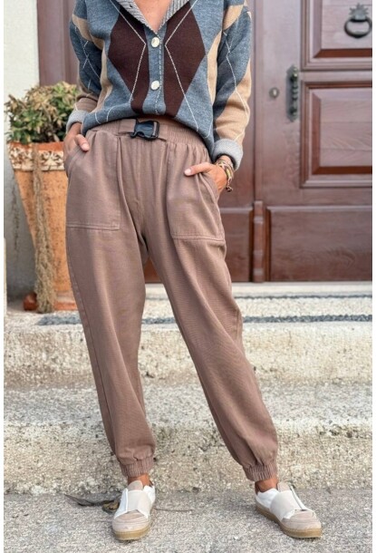 Kadın Bronz Rengi Kemeri Tokalı Beli Paçası Lastikli Cepli Kargo Pantolon 90 30