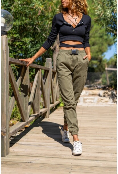 Kadın Haki Kemeri Tokalı Beli Paçası Lastikli Cepli Kargo Pantolon 1St2